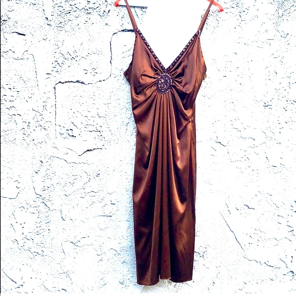 Neiman Marcus Chocolate beaded sleeveless dress